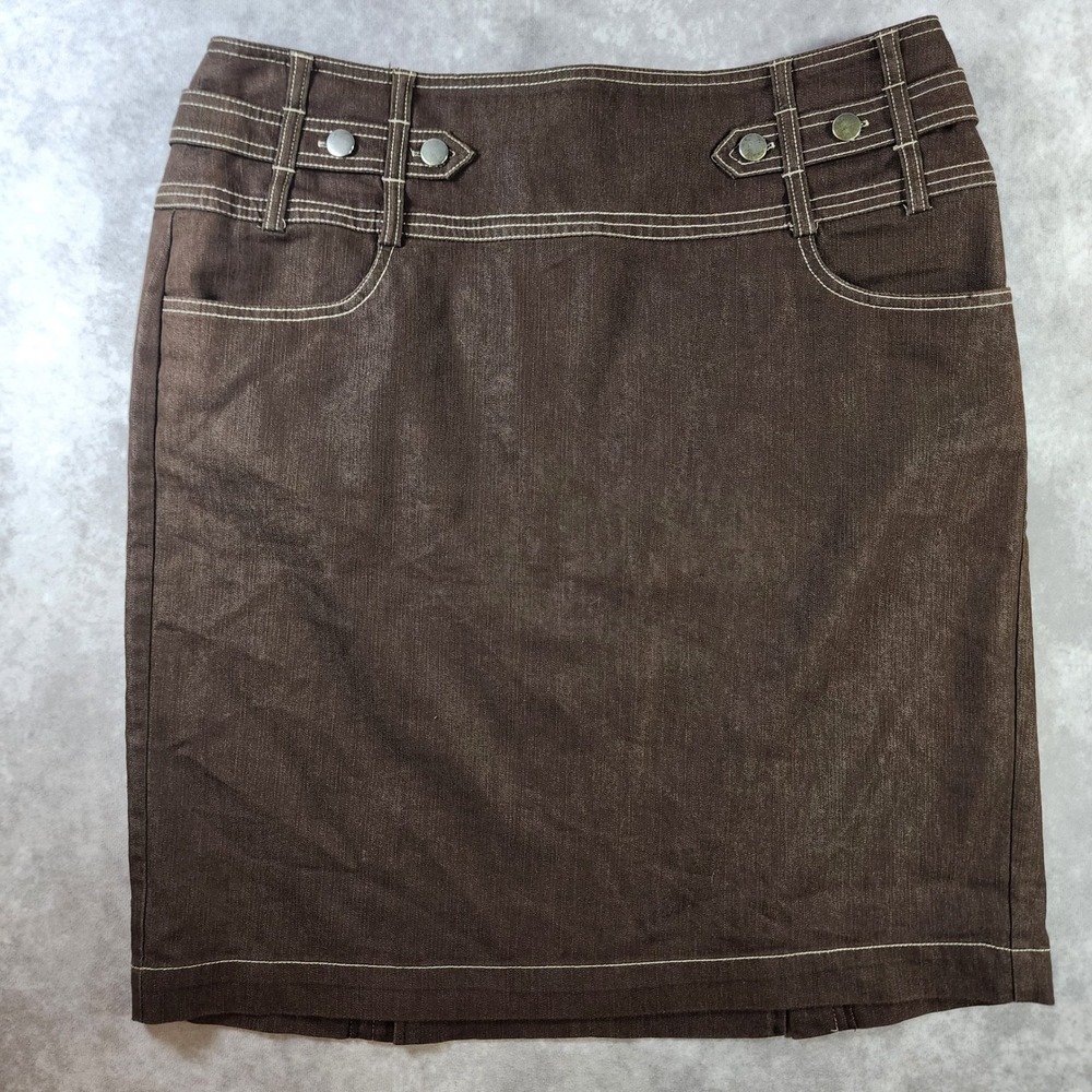 Dressbarn Women Size 14 Brown Denim Pencil Skirt Contrast Stitch Stretch Cotton